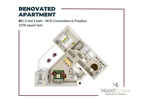 Floor plan B3 (W/D Connections and Fireplace) Renovated