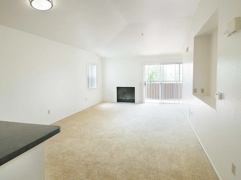 Carpeted Living Room with Fireplace and Balcony