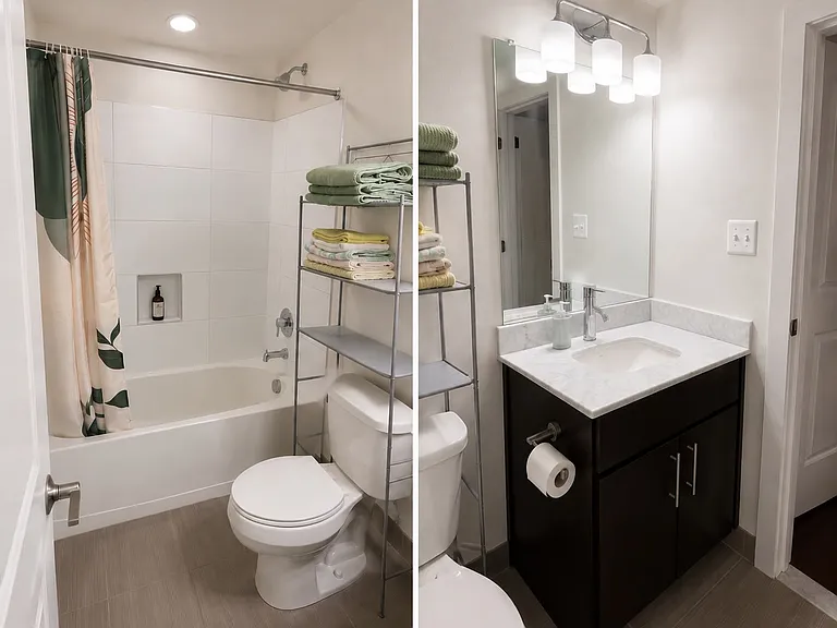 Bathroom number 2: Full bath with a tub accessible via the living room