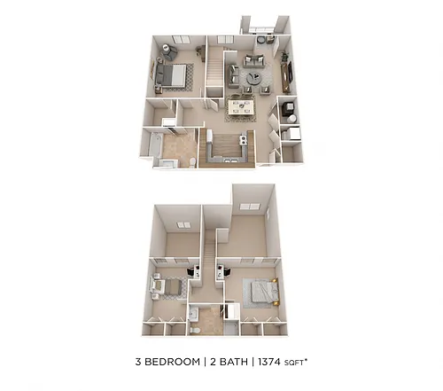 Floor plan Three Bedroom 2 Bath-1374 sqft