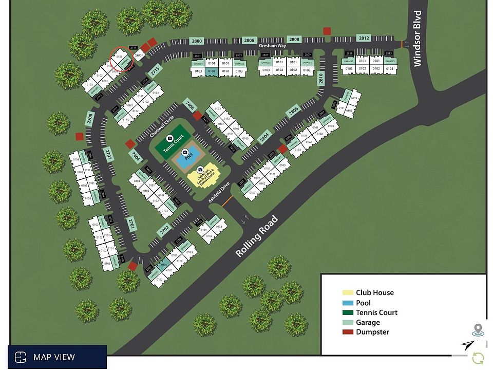 Map of gated apt./condo with resort style amenities. 2712 #103 is circled in red.