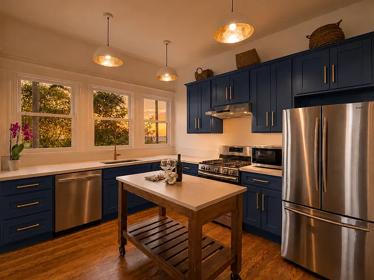 Newly renovated kitchen with stainless steel appliances and tranquil garden views, creating a rare treehouse-like feel, all while enjoying a 95 Walk Score and easy access to the best dining, shopping, parks, and conveniences San Francisco has to offer.