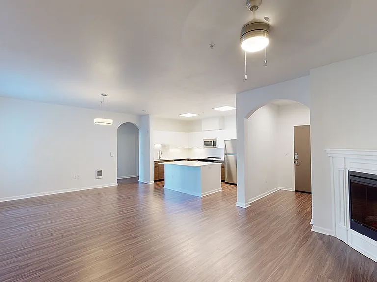 Apartment kitchen with stainless steel appliances, dining and living room with wood-style flooring.
