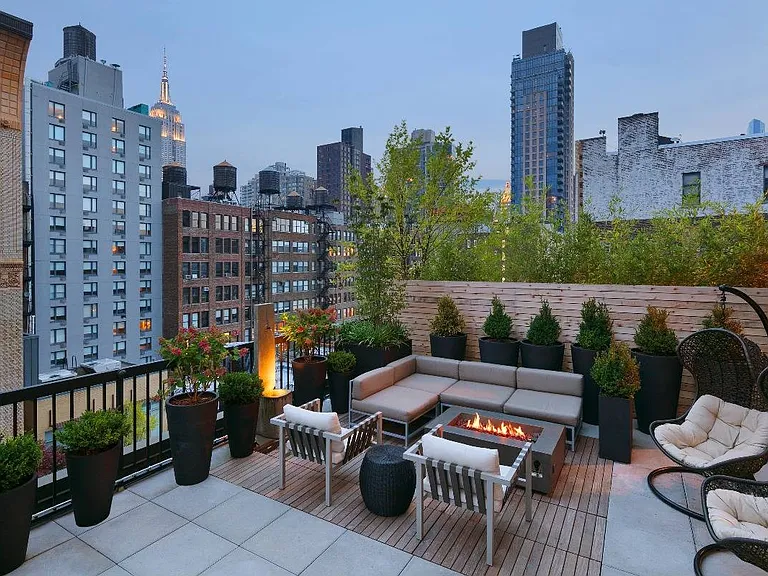 City terrace with fire pit and city views