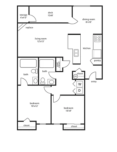Floor plan Two Bedroom, Two Bath 924 sq ft