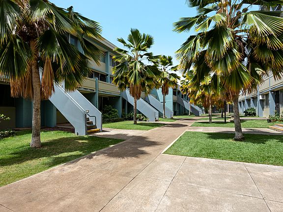 Lush palms and open walkways create a peaceful retreat in the heart of the community.