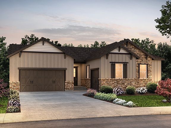 Single-story Andria shown in Elevation C with a three-car garage and stunning accents.