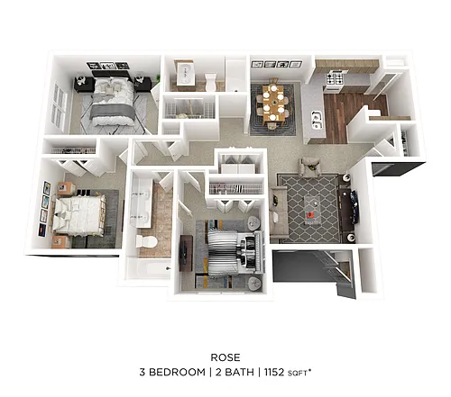 Floor plan Three Bedroom 2 Bath - 1,152 sqft