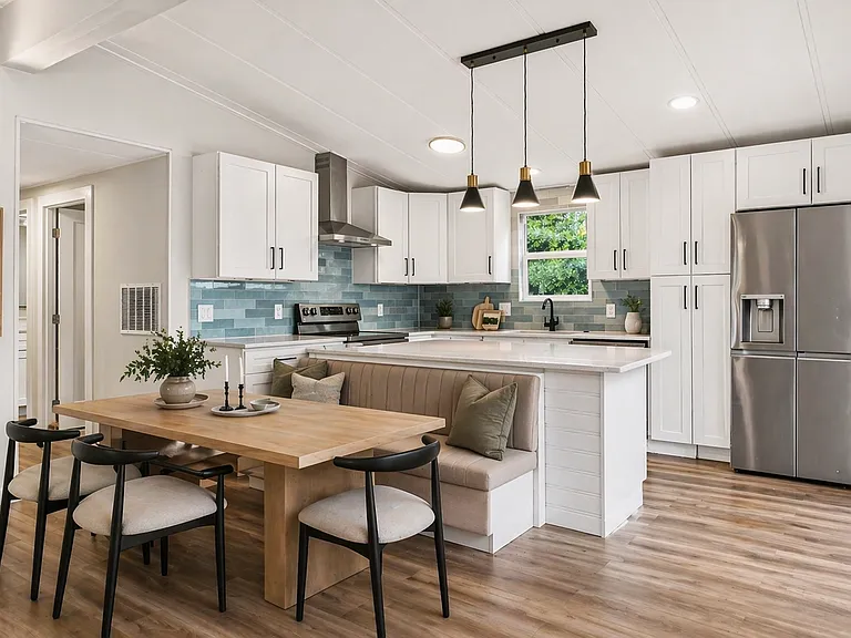 Kitchen Virtually Staged, White Shaker Cabinets, Blue Tile Backsplash, Island with Built-In Banquette, and Stainless Appliances