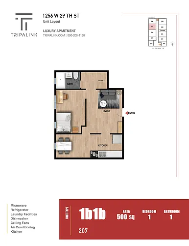 Floor plan 1 Bed 1 Bath - 500 sqft