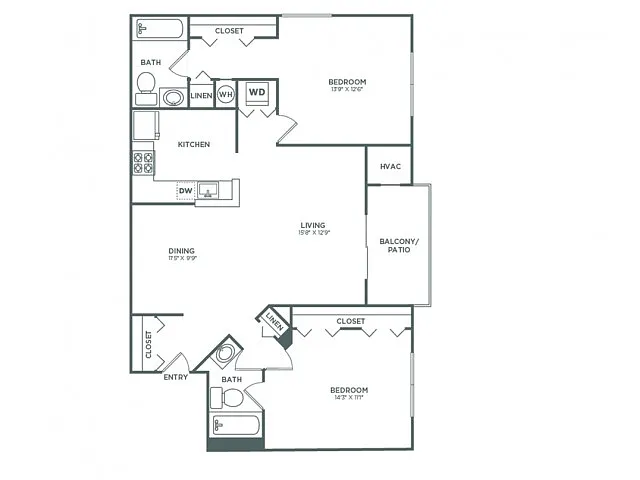 Floor plan Two Bedroom Two Bath (1,013 SF)