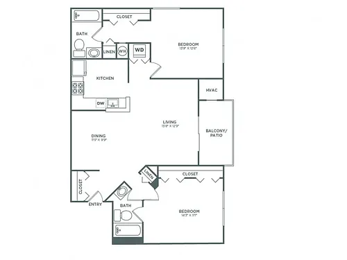 Floor plan Two Bedroom Two Bath (1,013 SF)