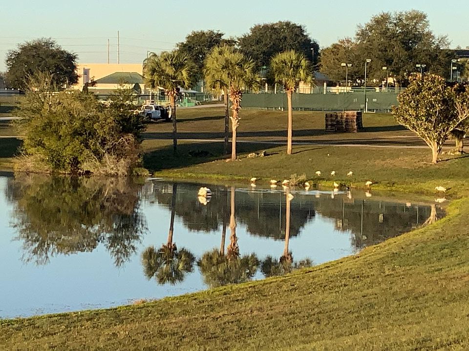 Lake view from the property w Pickleball courts, softball, pools, and community center in the background