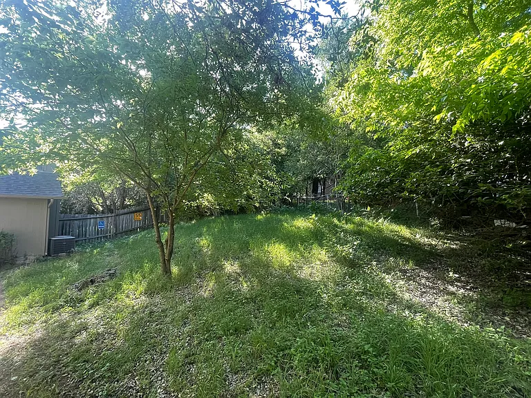 Backyard is a great get away with beautiful trees.