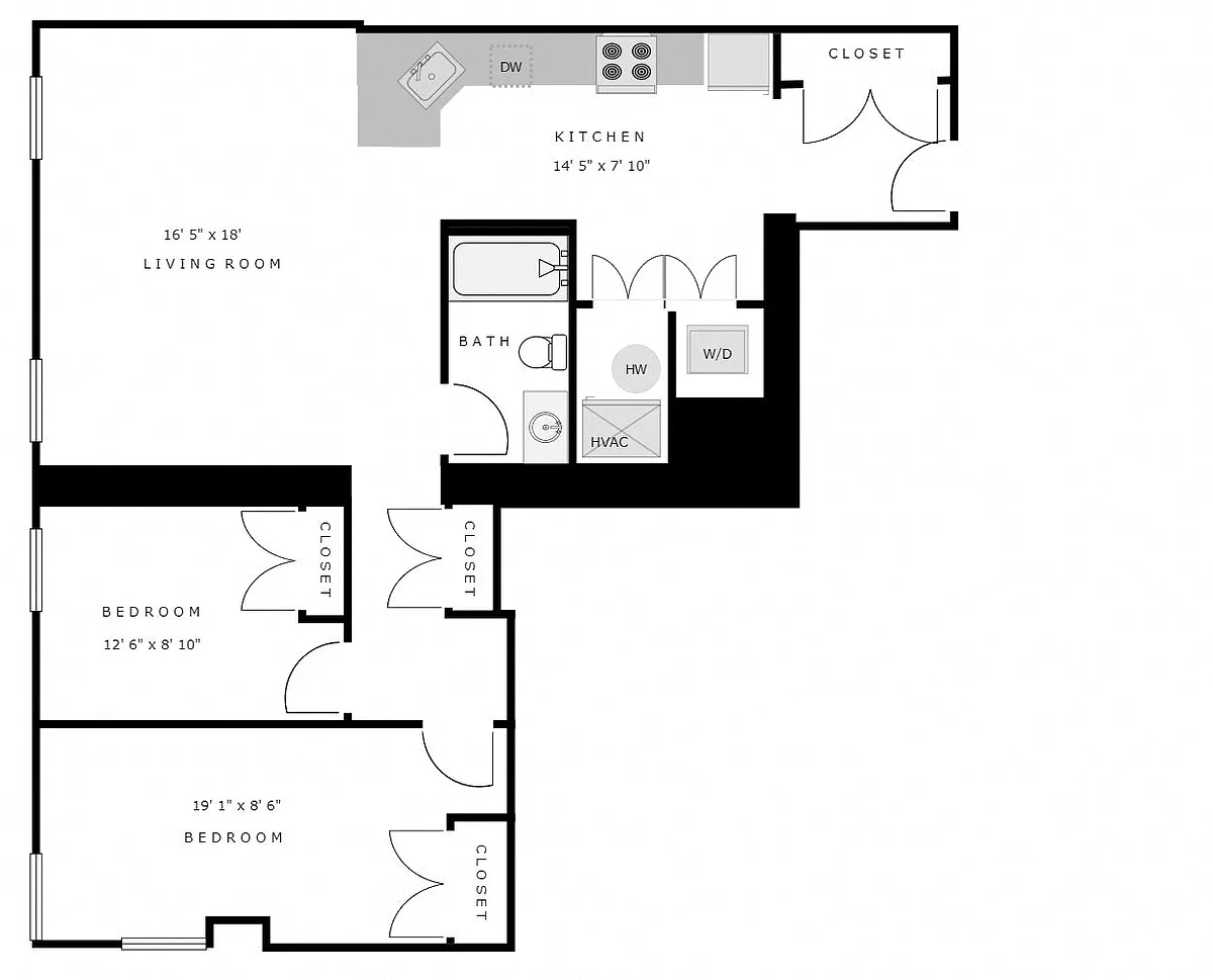 Floor plan 2 Bed 1 Bath Apt 336