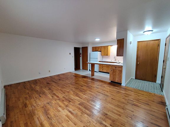 Front Door, living room and kitchen