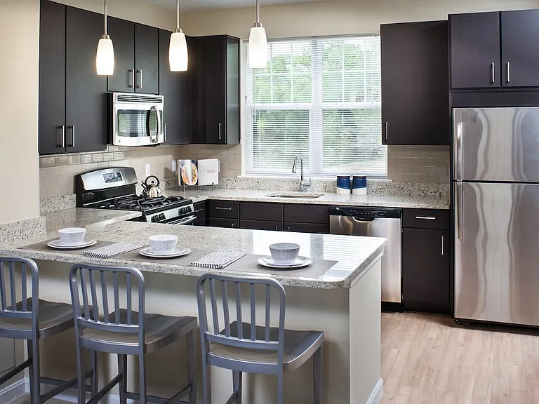 Renovated Package I kitchen with beige speckled granite countertops, dark cabinetry, beige tile backsplash, stainless steel appliances, and hard surface flooring