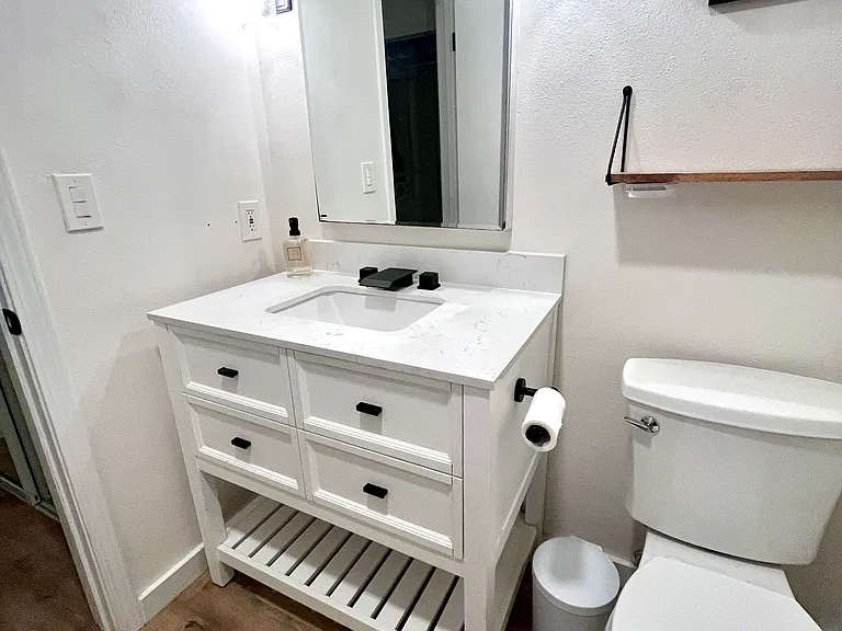 Master bathroom with built-in medicine cabinet, tub, shower/sprayer combo, and waterproof Pergo floors.