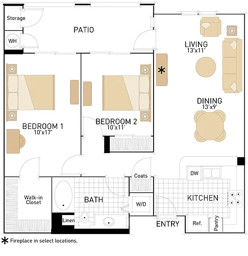 Floor plan The Cypress- Two Bedroom, One Bath