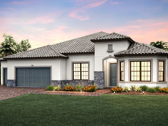 The Camelot, a one-story family home with a 3 car garage, shown with Home Exterior FM2B