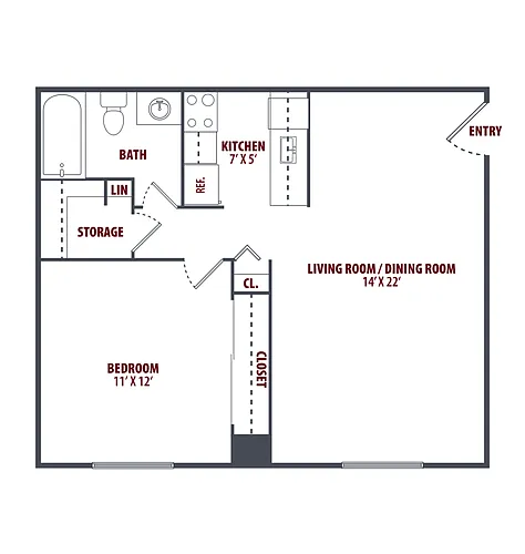 Floor plan 1 Bedroom, 1 Bath. E-Reno
