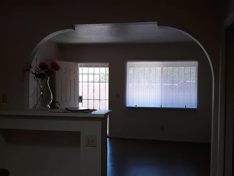 From the kitchen looking towards the living room. The living room has a coat closet.