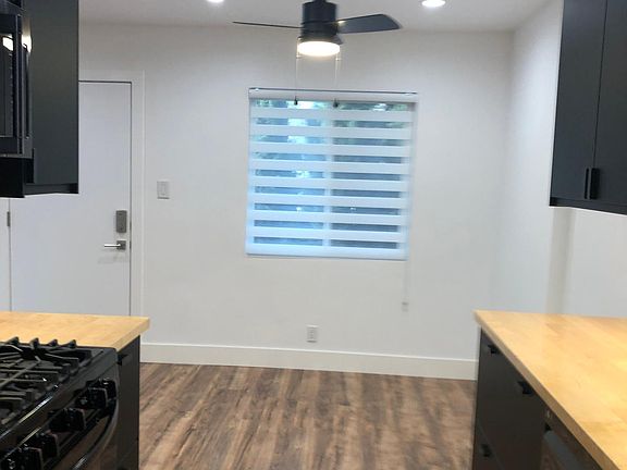 Dining area and kitchen. Fan and Zebra window shade