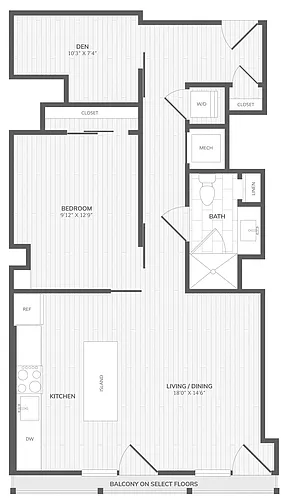 Floor plan 1 Bed/1 Bath Den-D Medley