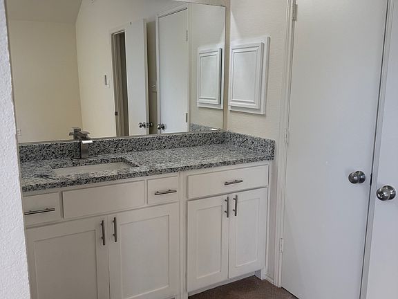 Master bath has new cabinets, countertop, sink, faucet and light fixture