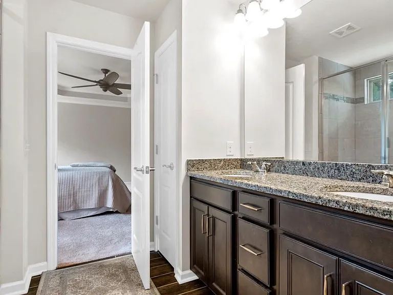 Primary bath with double sinks and lots of storage