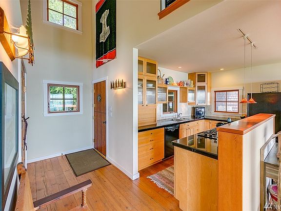 As you enter.  Floors are reclaimed fir floors, wood from Forks, WA.