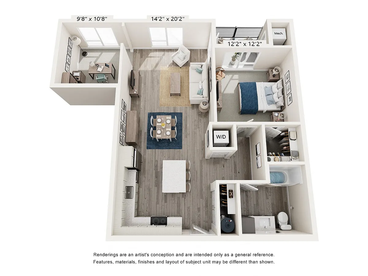 Floor plan One Bed w/ Den - A3D