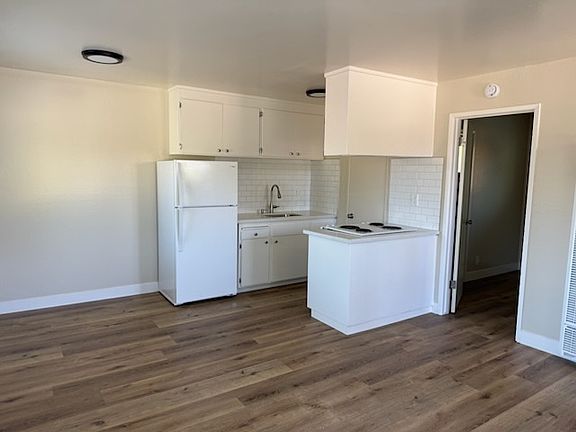 Renovated kitchen with new vinyl plank flooring.