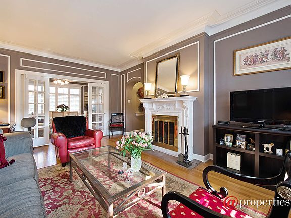 Living room with woodburning fireplace