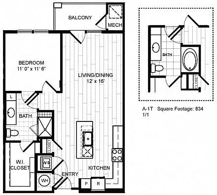 Floor plan 1 Bed, 1 Bath - A1T