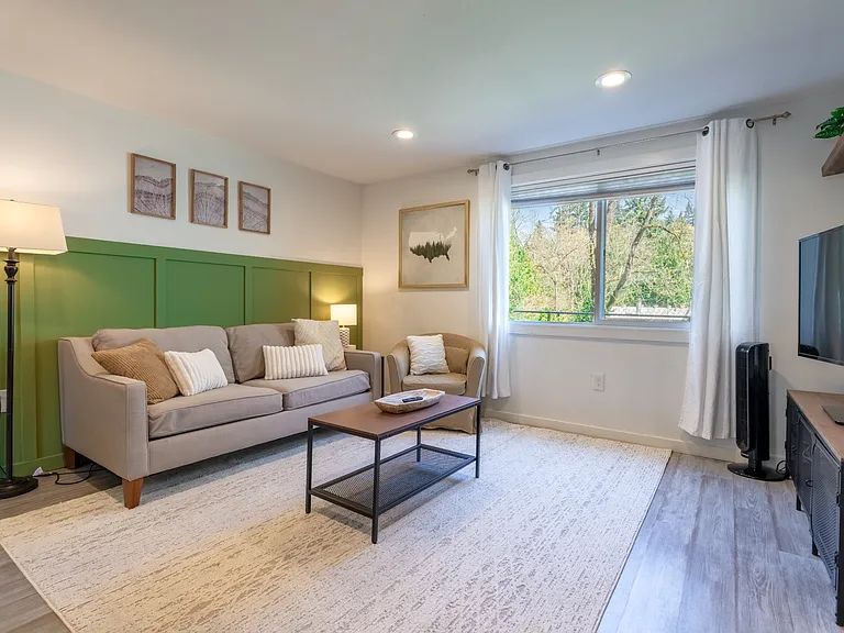 Wide angle living room, TV and stand