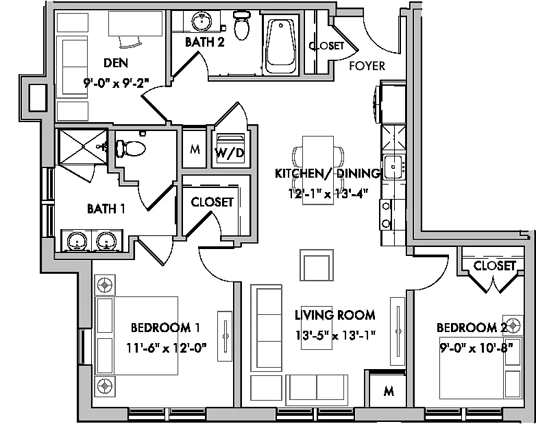 Floor plan Melford I 2 Bed/2 Bath Den-BD5