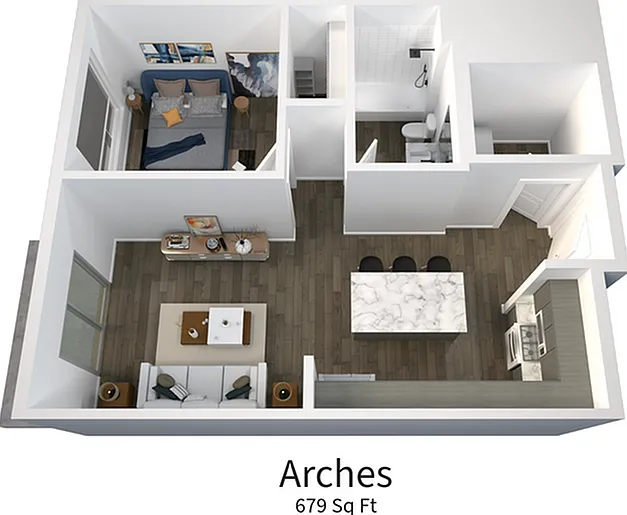 Explore the Arches floor plan: 679 sq ft featuring a cozy bedroom, expansive living area, and sleek kitchen design. Explore the Arches floor plan: 679 sq ft featuring a cozy bedroom, expansive living area, and sleek kitchen design.