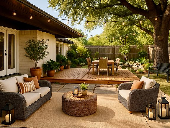 Large back yard patio with mature trees and landscaping.