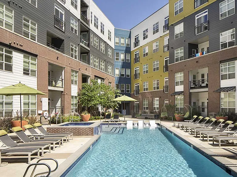 Apartment community resort style pool and all-season spa at Griffis Union Station in Denver, Colorado.