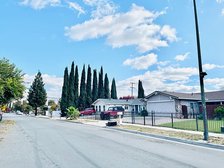 Street view - looking at the house with tall beautiful cypress trees