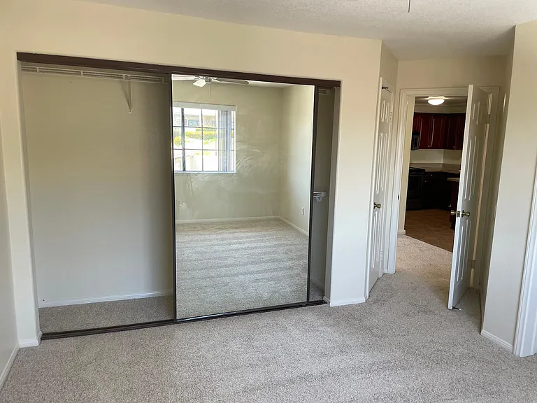 Master bedroom closet, with sliding mirrored doors