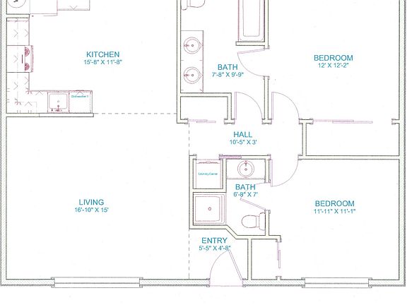 Unit B layout. Note entrance at the bottom, and sliding glass doors in the Kitchen / dining room.