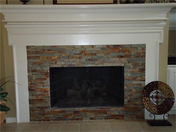 Stacked-stone fireplace