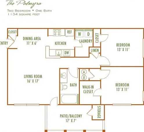 Charming floor plan for 'The Palmyra' featuring 2 bedrooms, 1 bath, spacious living and dining areas, efficient kitchen, and inviting patio/balcony, totaling 1134 sq ft. Charming floor plan for 'The Palmyra' featuring 2 bedrooms, 1 bath, spacious living a