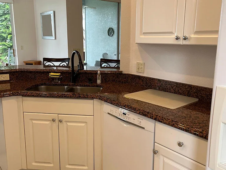 Granite countertops, stainless steel double sink.