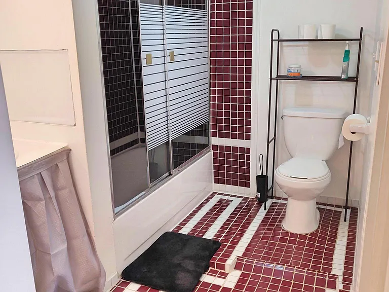 Bathroom, tub, shower, and toilet