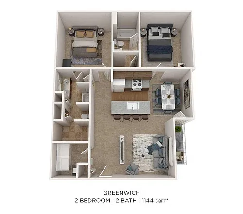Floor plan Two Bedroom Two Bath-1144 sqft