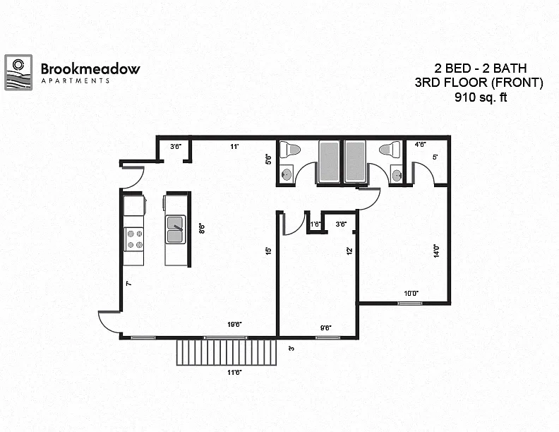 Floor plan 2 Bed, 2 Bath - 910 sq ft