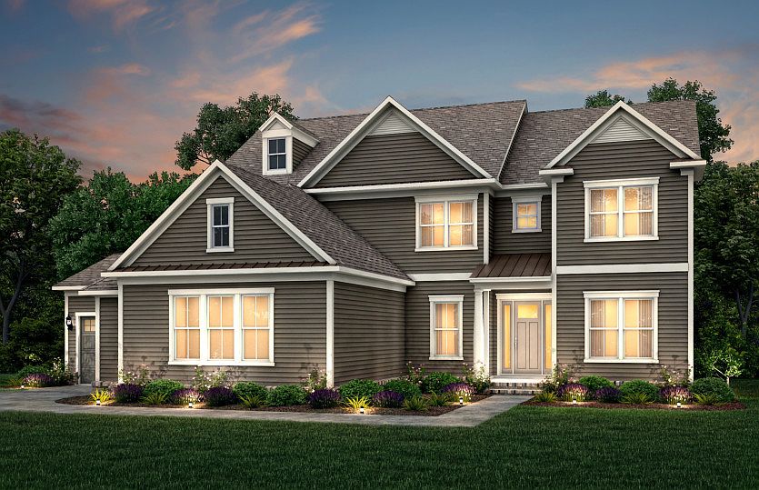 Hampton Exterior 1 features hardie siding, covered front door and 3 car sideload garage